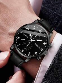 2pcs/Set Minimalist Casual Men's Quartz Watch Set, All-Black Design (Includes 1 Leather Strap Quartz Watch And 1 Black Chain Bracelet). Equipped With Multi-Function Chronograph Dial.