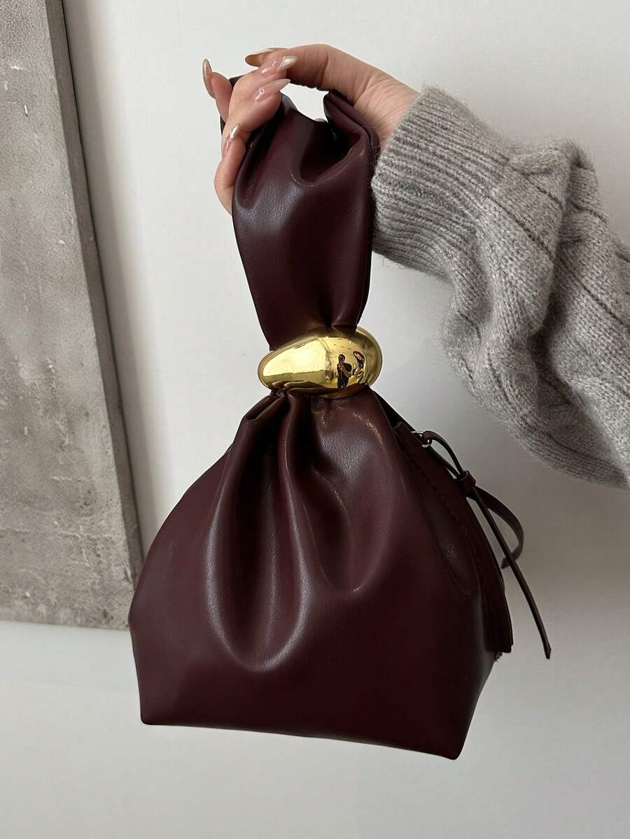 1pc Solid Color PU Leather Handbag, Burgundy Ancora Design, Women's Personalized Mini Cloud Pleated Bag With Metal Decor Zipper Closure, Suitable For Daily And Outdoor Use - Màu Đỏ Sâu - Xem 1