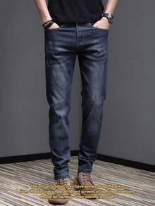 Men's Cat Scratch Textured Elastic Slim Fit Tapered Pocket Straight Leg Jeans, Loose Fit Long Style, Horseshoe Wash, Vintage Blue, Y2K Style, Suitable For Casual Outings With Friends - Dark Wash - View 4