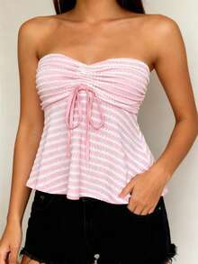 Women Striped Strapless Babydoll Tops Slim Off Shoulder Sleeveless Ruffled Hem Open Back Tie-Up Shirts  Summer Streetwear Women's Pink  White Striped Strapless Tube Top - Ribbed Fabric Front Ruched Drawstring Detail Fitted Flared Hem Sweet Casual Daily Date Wear(S-L) - Hồng - Xem 2