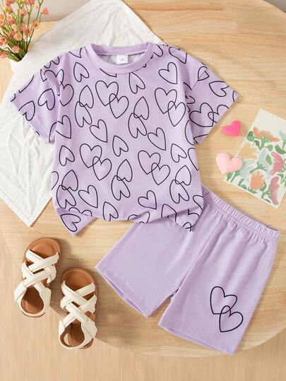 2pcs Girls Casual Heart Print Decorative Drop Shoulder Short Sleeve Top And Shorts Set, Summer