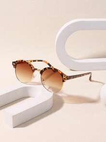 1 PC Women's Round Frame Metal Half-Frame,Fashionable Tortoiseshell Temple Arms Fashion Glasses For Party - Multicolor - View 9