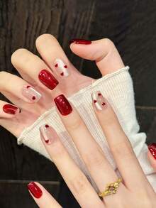 10片红色亮面心形印花人造指甲，甜美手工按压式指甲，适合女性日常佩戴和派对场合 - 紅色 - 查看 2