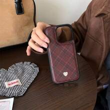 Retro High-End Leather Plaid Case With 3D Heart Design, Compatible With Iphone 15 Pro Max, Apple 16, 14 New Version, 12, 14 Pro, 13 Pro Max, Cute For Girls - Burgundy - View 1