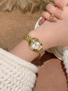 1pc Arabic Numeral Scale Gold Square Rhinestone Women's Quartz Watch, Exquisite Casual, Suitable For Daily Wear Or Party Gift - Gold - View 3