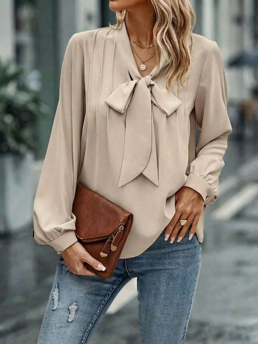 Plus Plus Size Women's Solid Color Chest Bow Tie Casual Long Sleeved Shirt Spring - Apricot - View 1