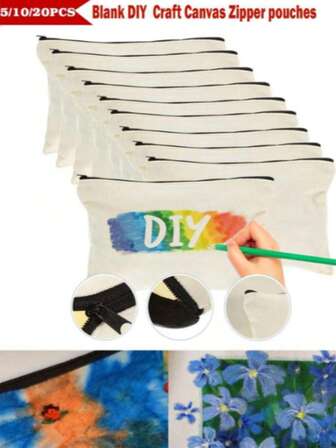 5/10/20pcs Blank DIY Craft Canvas Pencil Case-Cosmetic Bag, Portable Cosmetic Bag Toiletries Bag Travel Makeup Set, Drawing Gift Set Expressing Love And Gratitude, Cute Handbag Wallet Bag Snack Gift Storage Bag, Multi-Functional Travel Toiletries Zipper Bag, Bulk Cosmetic Bag, Change Purse