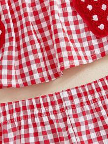Toddler Baby Girl Summer Outfit Strawberry Embroidered Plaid Bows Ruffled Trim Tank Tops And Shorts 2 Pcs Set - Red - View 7