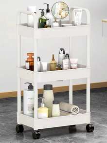 1pc 3-Tier Large Capacity Plastic Bathroom Storage Cart With Movable Mesh Basket, Simple & Fresh Pure White 3-Layer Square Design With Swivel Casters & Handles, Suitable For Bathroom Organization Bathroom Accessories - Multicolor - View 5