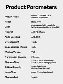 Lenovo LE232 ANC Noise Cancelling Bluetooth Headphones, Half In-Ear Design With Battery Level Display, Large Dynamic Driver, Surround Sound, High-Fidelity Audio, Low Latency, Long Battery Life, Comfortable Silicone Wireless Earbuds Compatible With Smartphones And Computers - Black - View 10