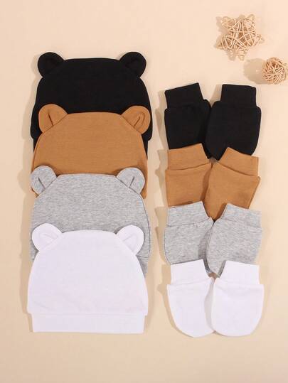 4sets Baby Hats And Mittens Infant Beanie Gloves NoScratch Set Newborn Hospital Hat For Boys Girls