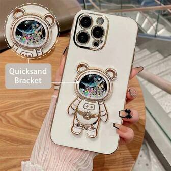 Fashionable Starry Space Astronaut Bear Folding Bracket Shockproof Electroplated Soft Phone Case, Compatible With IPhone And Honor