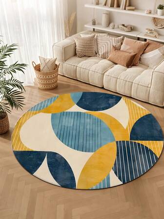 1 pieza Alfombra redonda de área de moda moderna con patrón geométrico creativo azul y amarillo, antideslizante, fácil de limpiar, adecuada para dormitorio, sala de estar, salón, estudio, entrada, habitación infantil, comedor, decoración perfecta para regalo festivo, lavable y antideslizante, alfombra decorativa, alfombras para sala de estar, alfombras circulares