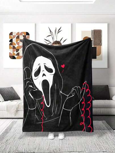Ghostface Scream Mask Heart Pattern Flannel Fleece Throw Blanket, 280 GSM Soft Cozy Lightweight Warmth For Bed Sofa Camping, Halloween Home Decor