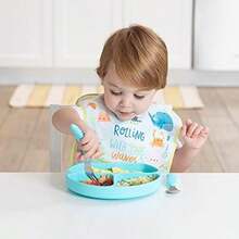 - Juego de utensilios para niños pequeños, tenedor y cuchara, silicona y acero inoxidable, cubiertos de entrenamiento en ángulo, tenedores / tenedores para autoalimentación, los niños sostienen aprender a comer, 18 meses más, azul(Bumkins Azul-SFT) - Multicolor - Ver 5