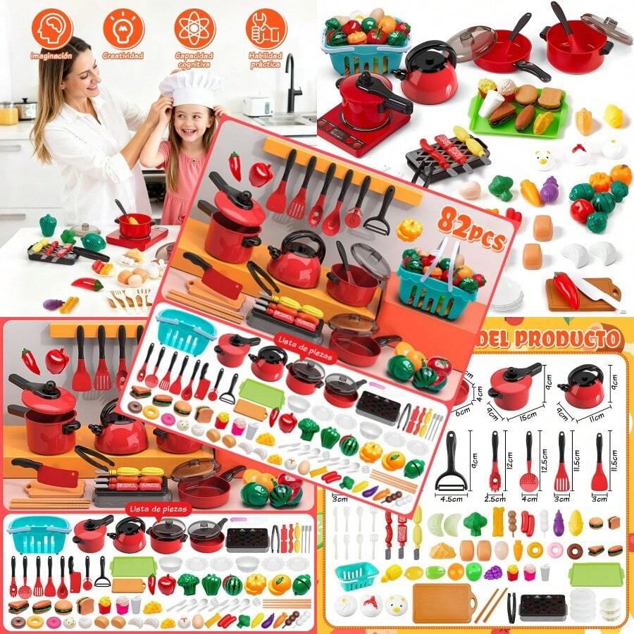 EPANO 82pcs Juego de Cocina y Arcilla Juguetes interactivos para Padres e Hijos Juego con induccion y Vajilla Hervidor Juego de Cocina Educativo Regalo de Fiesta Cocina-B82Conveniente y duradero, favorito para niños - Multicolor - Ver 1