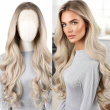 ZigZag Hair 13x3.5英寸渐变脏金色合成蕾丝前假发，预先拔毛的发际线，适合时尚女性日常佩戴和派对，耐热纤维发丝，无需胶水 - 漸變金色 - 查看 13