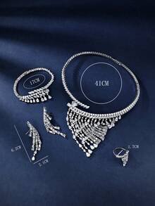 4pcs Platinum Plated Cubic Zirconia Stone Teardrop Pendant Necklace, Earrings, Bracelet And Open Ring Set, Luxury Jewelry For Women Wedding And Party - Platinum Irregular Stone 4-piece Set - View 5