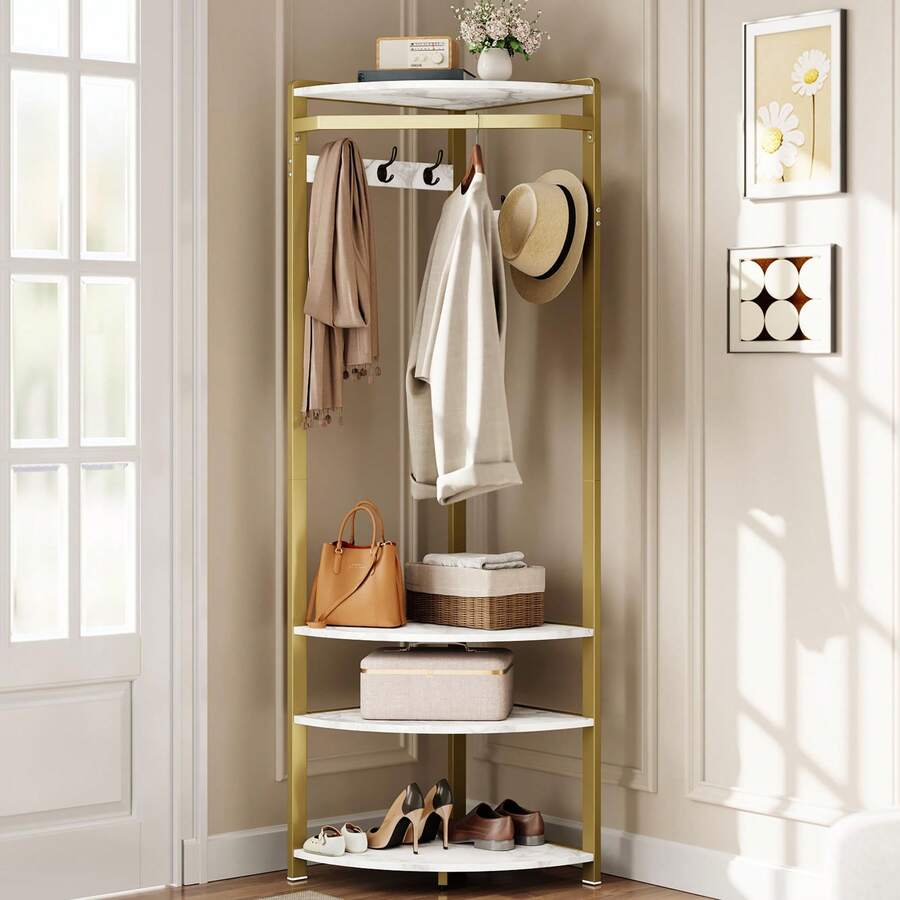 Techigher Corner Hall Tree With Shoe Bench, Entryway Coat Rack With Storage, Corner Clothes Rack With Metal Hooks And Storage Shelves