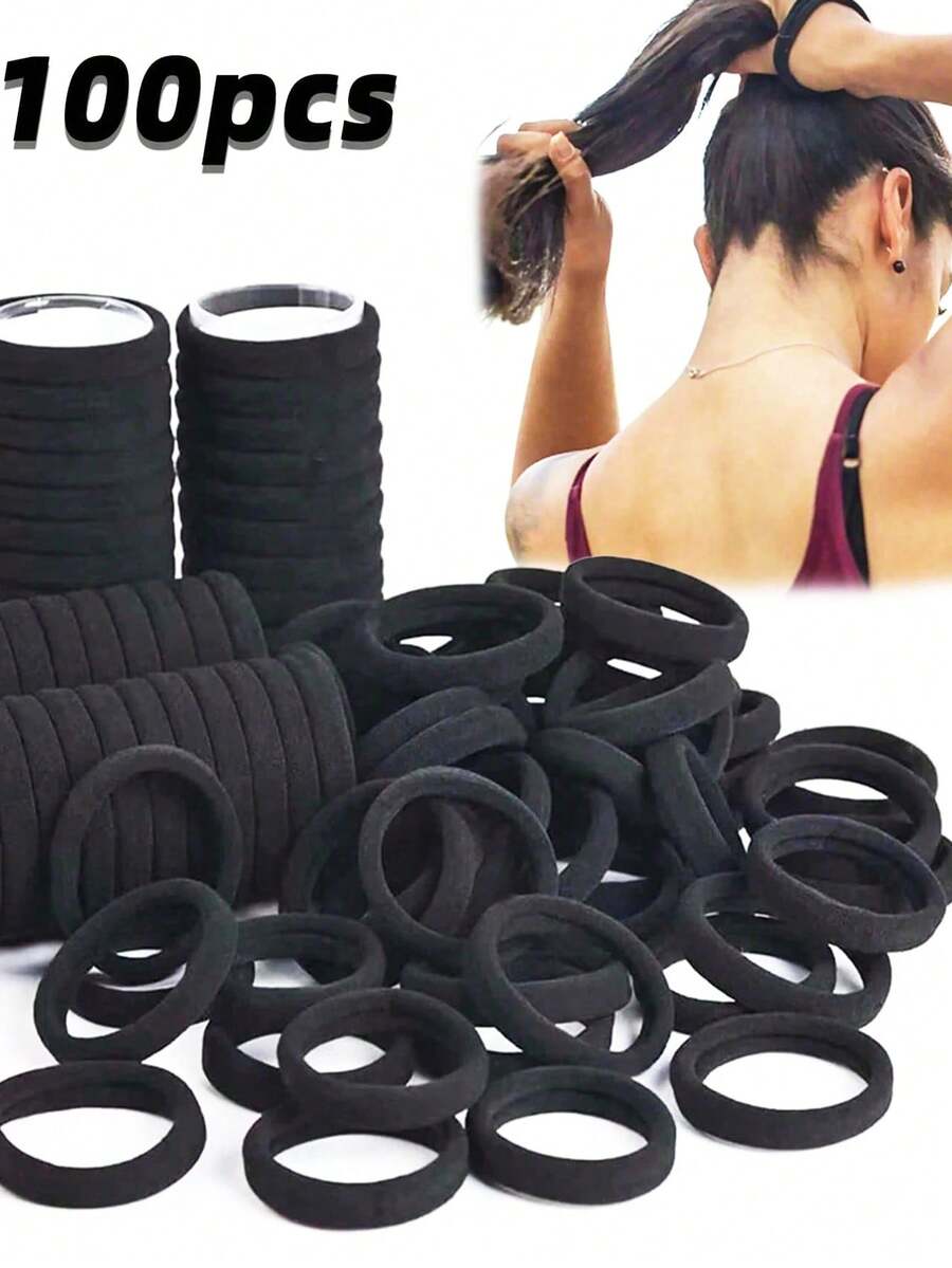 100pcs Women's Black, Fashionable Simple, High Elasticity Thick Hair Scrunchies, Suitable For Everyday Use And Gift Giving Hair Ties Ponytail Holders Hair Elastics Hair Rope, Hair Bobbles ,Gym Sport Outfit - màu đen - Xem 1