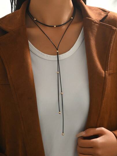 1 pieza Collar en Y minimalista y vintage con cordón negro y decoración de bola de metal, adecuado para uso diario, fiestas y vacaciones
