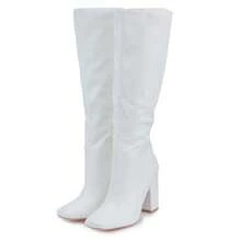 Women's Platform Knee-High Boots With A Square Toe And Pleated Soft Leather Design. These Chunky-Heeled, Side-Zip, Over-The-Knee Boots Are Perfect For Autumn And Winter, Suitable For Parties, Nightclubs, Music Festivals, And Christmas Occasions. - 白色 - 查看 1