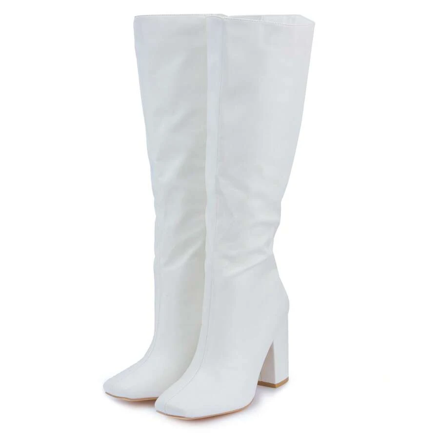 Women's Platform Knee-High Boots With A Square Toe And Pleated Soft Leather Design. These Chunky-Heeled, Side-Zip, Over-The-Knee Boots Are Perfect For Autumn And Winter, Suitable For Parties, Nightclubs, Music Festivals, And Christmas Occasions. - 白色 - 查看 1