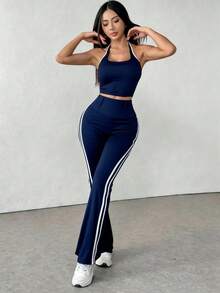 Set de 3 piezas con top corto sin espalda + pantalones deportivos de cintura alta de color contrastante, conjunto casual de ropa deportiva para exteriores - Azul - Ver 2