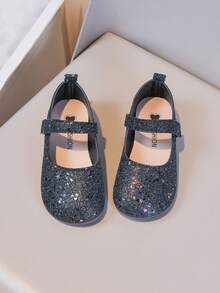 1双女童黑色亮片材质可爱时尚儿童平底鞋，柔软方头，优质材料，透气轻便，舒适贴合，适合女童、幼儿、小学生，户外、四季皆宜、派对、节日穿着 - 黑色 - 查看 1