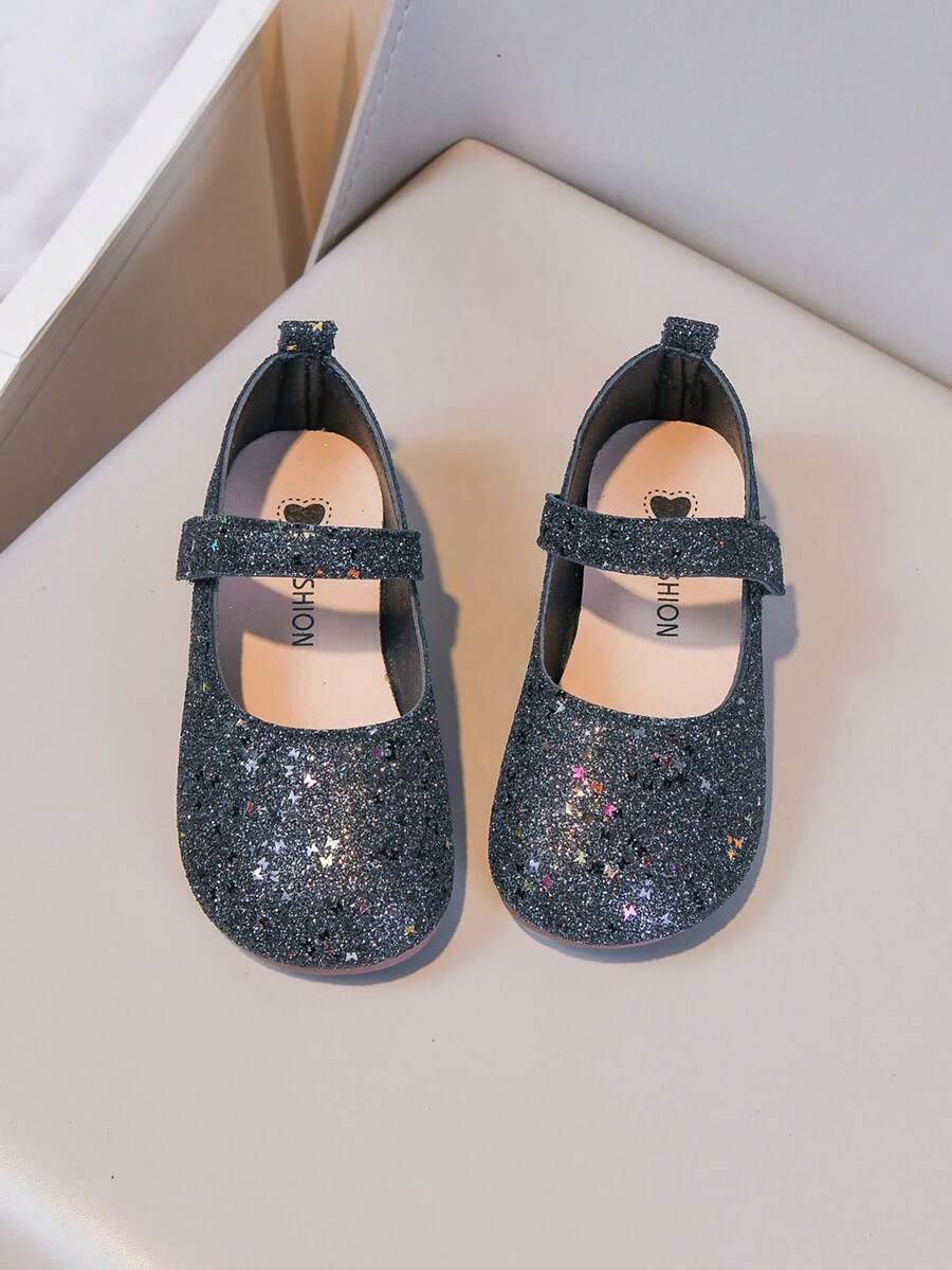 1双女童黑色亮片材质可爱时尚儿童平底鞋,柔软方头,优质材料,透气轻便,舒适贴合,适合女童、幼儿、小学生,户外、四季皆宜、派对、节日穿着 - 黑色 - 查看 1