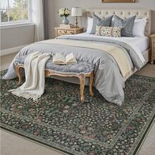 Soft Washable Vintage Floral Pattern Rug & Carpet - Extra Large Size, Non-Slip, Machine-Washable Rubber Backing, Faux Cashmere Texture, Suitable For Bedrooms, Living Rooms, And Dining Rooms - Black/Green/Beige, Bohemian Floral Style, Great Price + Free Shipping. - Aisha (Black) - View 2
