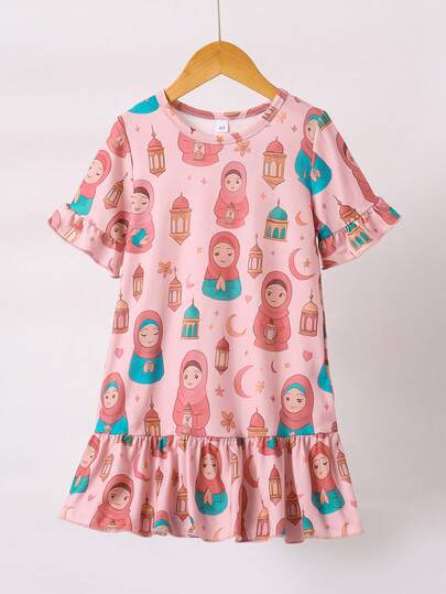 Summer New Girls Nightgown, Round Neck Ruffle Hem Young Girl Nightdress, Cartoon Girl Print Girls Clothing, Casual Comfortable Home Nightgown
