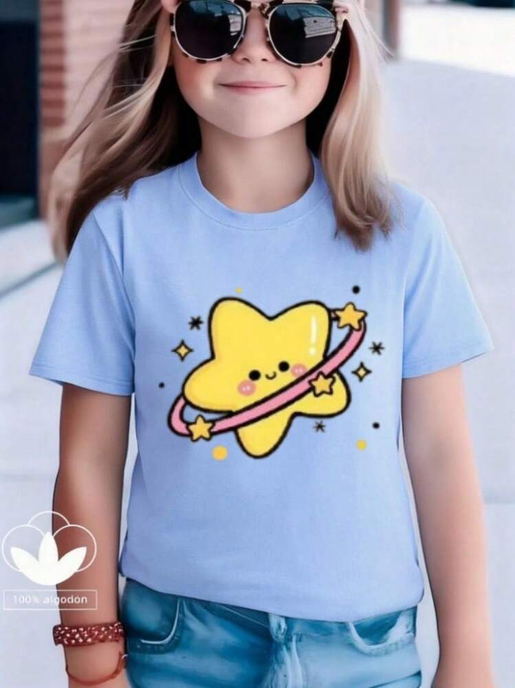 Camisetas de niña manga corta para niña está hecha 100 % de algodón y luce un elegante estampado Estrella. Es informal y versátil. Su tejido suave y agradable al tacto es delicado con la piel, lo que permite que las niñas se muevan con libertad y comodidad durante las reuniones familiares, los eventos escolares o los juegos al aire libre. - Azul - Añade 1