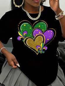 Mardi Gras Heart Fleur De Lis Design T Shirt Women Casual Top Festival Wear ,220g - 黑色 - 查看 2