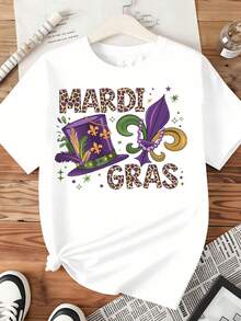 Mardi Gras Leopard Print Top Hat And Fleur De Lis Design T Shirt For Women Celebrate Carnival Festival Style ,220g - 白色 - 查看 3