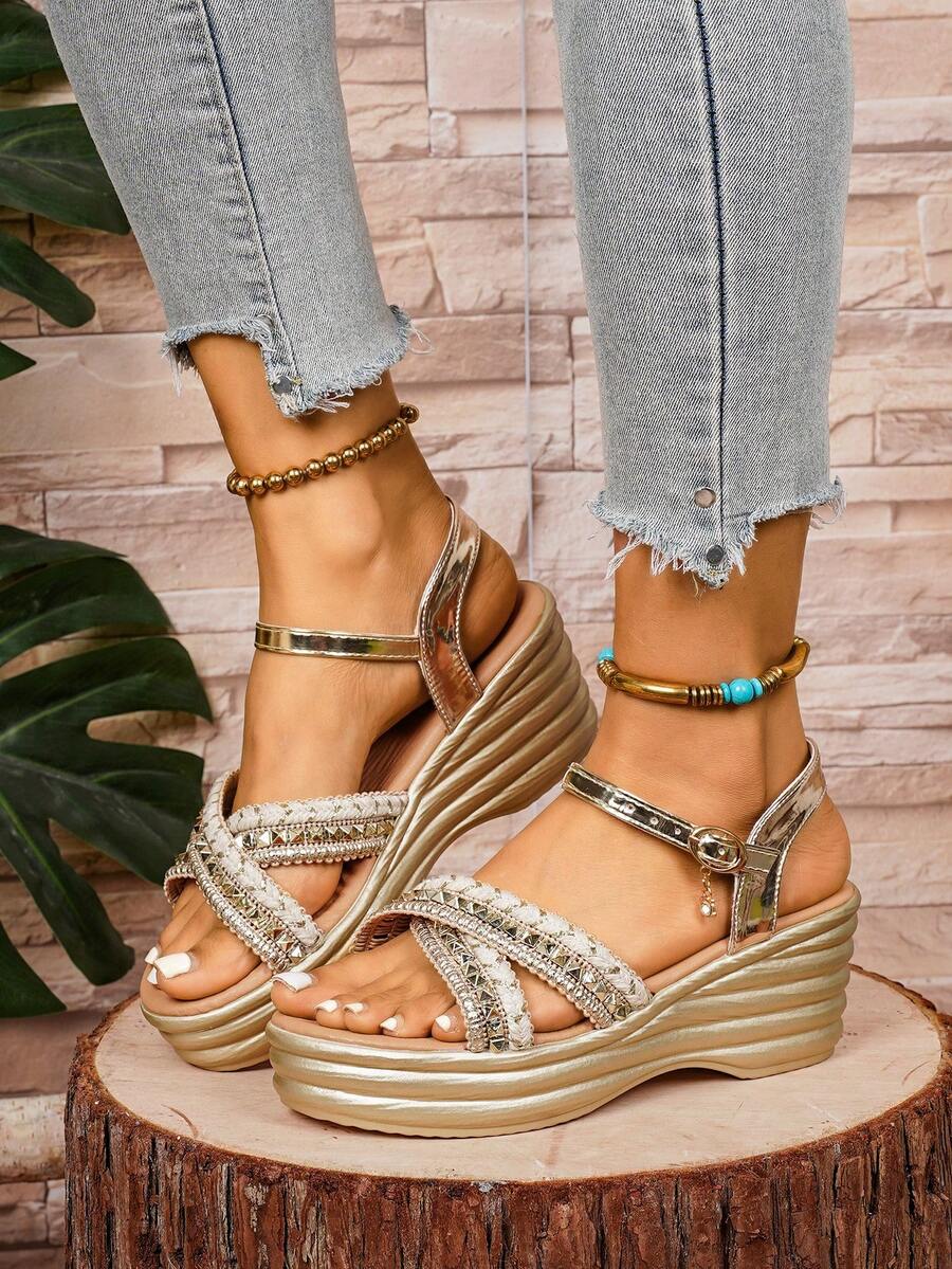 Women's Gold Wedge Sandals, Thick Sole Open Toe Casual High Heel Buckle Strap Fashion Roman Shoes - Gold - View 1