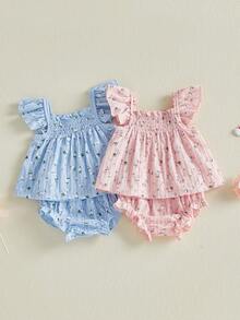 Conjunto de 2 piezas de verano para niñas pequeñas, camiseta sin mangas con cuello cuadrado y estampado floral, pantalones cortos con cintura elástica - Rosa - Ver 7