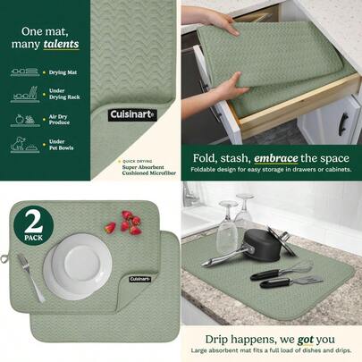 PZW Cuisinart - Alfombrillas de secado de platos para encimera de cocina 2 alfombrillas ultra absorbentes de 18 x 24 pulgadas XL plegable lavable a máquina de secado rápido (Geostripe)2537