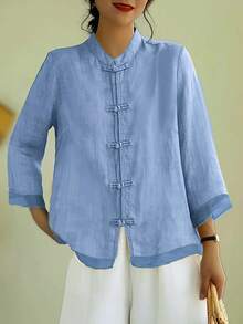 Áo kiểu nữ cổ tàu dáng rộng thoải mái, cài cúc, phối lưới, phong cách Trung Hoa cổ điển. - Màu xanh lam - Xem 1