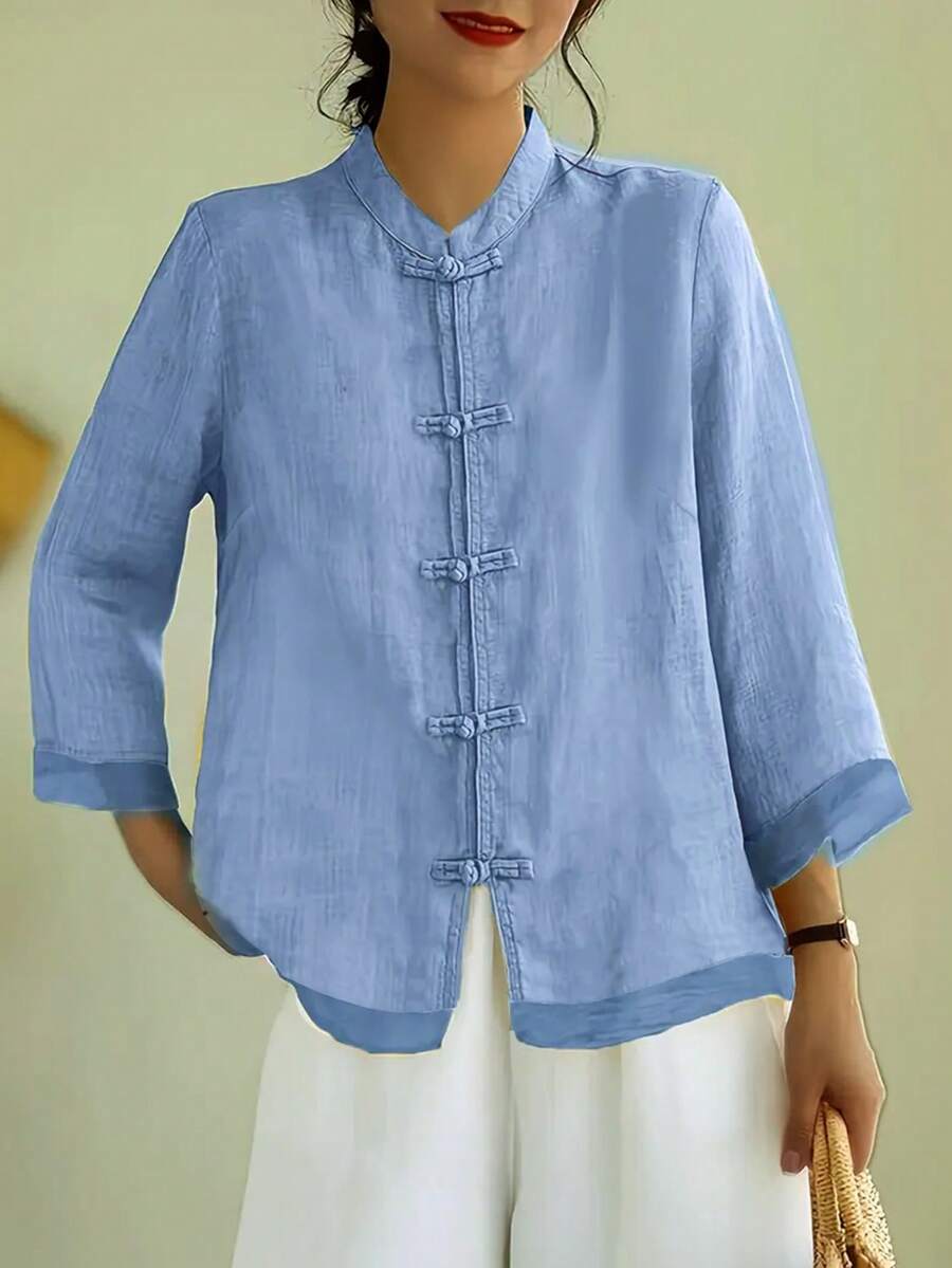 Áo kiểu nữ cổ tàu dáng rộng thoải mái, cài cúc, phối lưới, phong cách Trung Hoa cổ điển. - Màu xanh lam - Xem 1