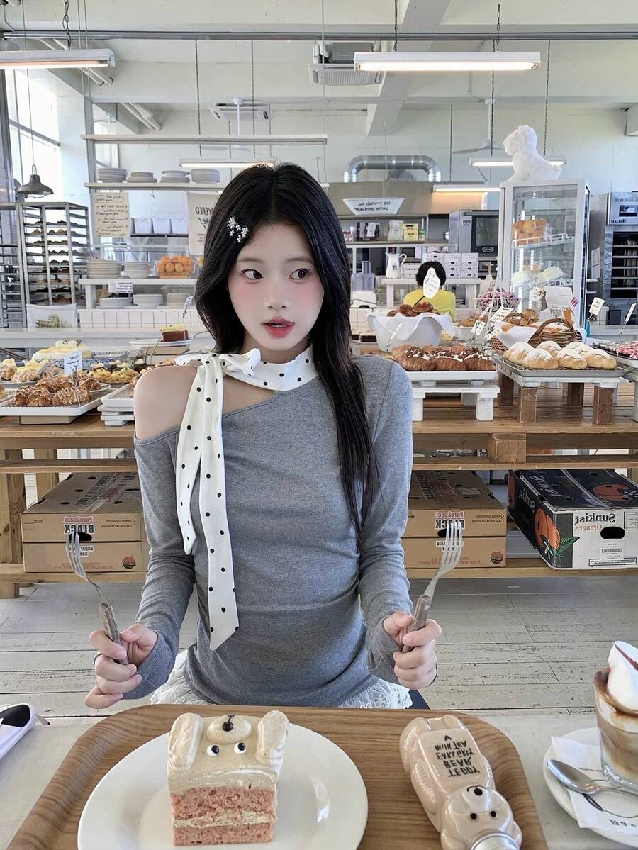 时尚优雅甜美可爱不对称肩带系带女式衬衫 - 灰色 - 查看 1