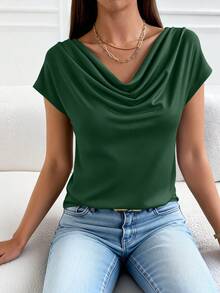 PRETTYGARDEN Women's Summer Clothes Tops Dressy Casual Clothing Cowl Neck Short Sleeve Blouses Business Work Office Shirts  Tops For Women - 綠色 - 查看 2