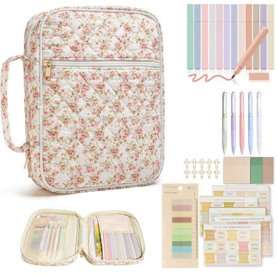 Bible Cover Case For Women Grils, Preppy Bible Bag With Adjustable Shoulder Strap, Waterproof Bible Carrying Tote Bags Holder For Bible Study Supplies Accessories & Christian Gifts - 紅色小花 - 查看 1