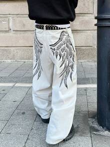 1 chiếc quần jeans nam Infinite Jeans kiểu retro in họa tiết, ống rộng, thoải mái, năng động, phù hợp với phong cách đường phố (Sản phẩm không bao gồm thắt lưng và phụ kiện) - trắng - Xem 3