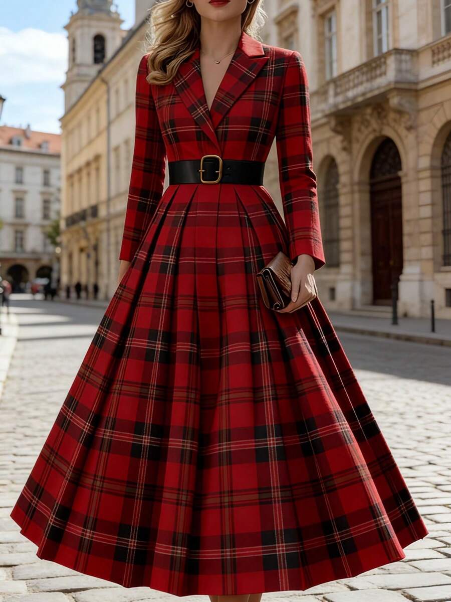 Elegant Red Plaid Long Sleeve Flare Dress For Women, [Without Belt, Belt Only For Decoration] Spring - Multicolor - View 1