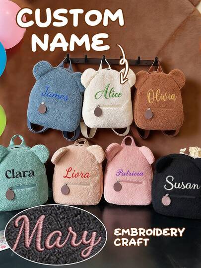 1 pieza Mochila de peluche con dibujos animados bordados personalizados (bordado de nombre disponible), bolsa pequeña para snacks, mochila de estudiante de oso de peluche lindo, nueva mochila mini de punto, bolsa con cremallera de dibujos animados, diseño ligero, mochila para niñas, bolso de hombro para viajes, bolso de hombro diario lindo, mochila versátil para ir a la oficina, mochila de estudiante de peluche portátil