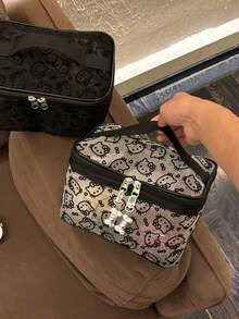 1pc Sanrio Cartoon Large Capacity Kitty Mesh Flocked Cosmetic Bag, Handheld Portable Travel Toiletry Organizer - Multicolor - View 8