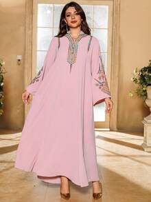 Un vestido largo de caftán árabe modesto con bordado de lentejuelas para mujer, vestido de noche, color rosa, primavera - Rosa - Ver 5