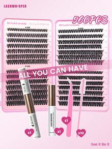 DIY Eyelash Extension Kit, Includes Adhesive, Remover, Tweezers And Brush, 280/560/600 Pcs Mixed Length 9-16mm D Curl Cluster False Eyelashes, Natural & Lightweight Reusable Individual Lashes - Multicolor - View 2