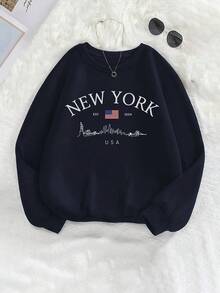 Women'S New York City Skyline & Statue Of Liberty Print Sweater - Burgundy Pullover Sweater With NYC Lettering, Long Sleeve Round Neck Winter Warmth, Machine Washable Casual & Semi-Formal Outfits For Fall/Winter, Sweater, Vintage Style, Cozy FabricWomen's Hooded Sweatshirt - Màu xanh nước biển - Xem 8